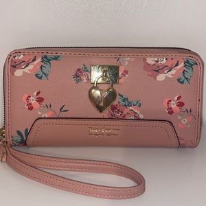 Juicy Couture Pink Floral Wallet / Wristlet With Gold Tone Heart & Key